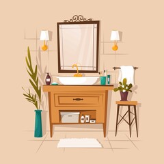 Modern bathroom interior with furniture in flat style. Vector illustration.