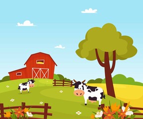 Fototapeta premium Vector illustration of a beautiful landscape in a modern style. Mill and field of wheat. Cows in the pasture. Village. Farm.