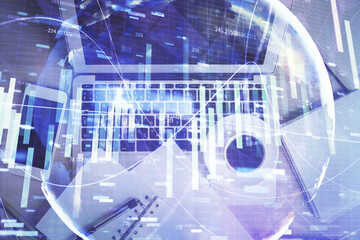 Business theme hologram drawings over computer on the desktop background. Top view. Multi exposure. Concept of international connections.
