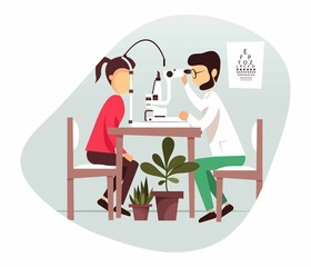 Ophthalmology concept. The ophthalmologist checks the patient's vision. Optical eye test, spectacle technique. Ophthalmic medicine. Vector illustration.