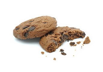 Choco chip cookie, Broken piece with crumbs, Tasty sweet biscuit chocolate pastry, Isolated on white background