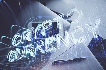 Double exposure of blockchain theme hologram over table with phone. Top view. Crypto technology...
