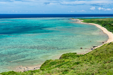 Incredible beach with ocean gradient colors, from light green to blue, full of coral reef, forming a beautiful in the maritime scene seen from above.