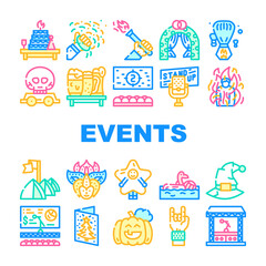 Events And Festival Collection Icons Set Vector. Rock And Oktober Fest, Standup And Pool Party, Fantasy Costume And Facial Mask Events Concept Linear Pictograms. Contour Color Illustrations