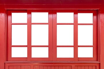 Obraz premium Vintage red painted wooden window frame isolated on a white background