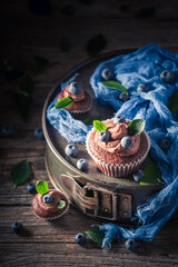 Brown cupcake with berries and cream. Chocolate cupcake with fruit.
