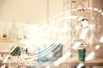 Double exposure of data theme drawing and office interior background. Concept of technology.