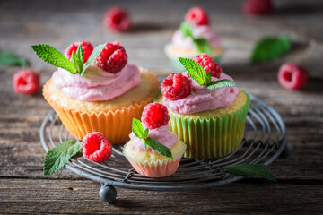 Pink cupcake with cream and raspberries. Vanilla cupcake with fruit.