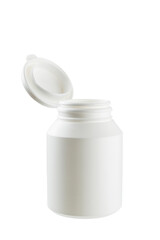 Open medicine plastic bottle, isolated on white background.