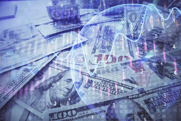 Multi exposure of forex chart drawing over us dollars bill background. Concept of financial success markets.