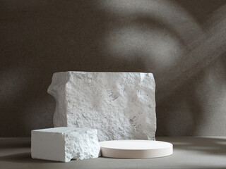 White stones and cylinder platform abstract background for object placement, podium packaging design mockup, 3d rendering