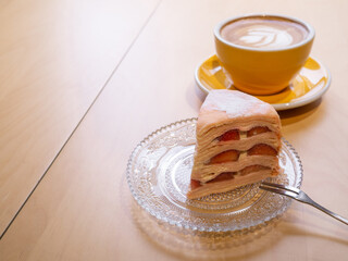 strawberry mille crepe cake and coffee