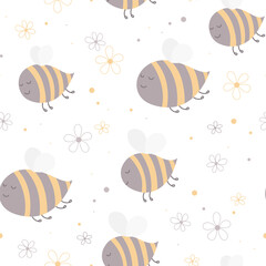 Seamless pattern with flying bees. Cartoon bees and flowers on white background for kids. 