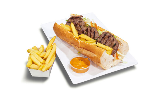 Beef sandwich with french fries and salad on plate isolated