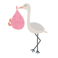 Cartoon cute stork carrying newborn baby