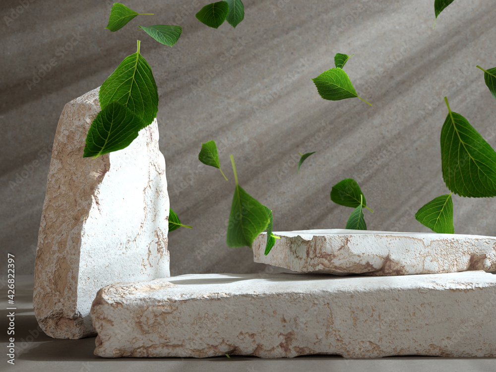 Canvas Prints Natural organic cosmetic product presentation. Stone podium elements with green leaves falling. 3d rendering