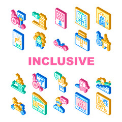Inclusive Life Tool Collection Icons Set Vector. Graduation And Working Place, SportLife And Communication, Bus And Velomobile Inclusive Life Isometric Sign Color Illustrations