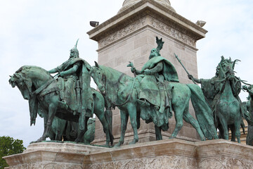 Equestrian statues of Seven Hungarian Chieftains Leaders on Heroes Square in Budapest, Hungary