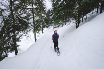 Snowshoe hike around Lac des Corbeaux, La Bresse, Vosges. France