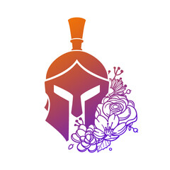 Spartan Helmet Rose Flower with Vintage Gladiator Design. Front Head Floral frame ornament vector style. Decoration Design Wreat illustration.