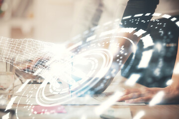 Double exposure of woman hands working on computer and data theme hologram drawing. Tech concept.