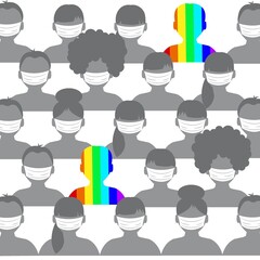 Rainbow man gray crowd in stylish style. Social diversity concept. People diversity. Vector isolated illustration. Confident person. Success symbol.