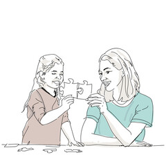 Vector illustration of mom and daughter playing puzzle with happy faces