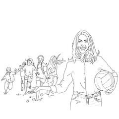 Vector illustration of a group of kids and a lady holding a ball, play time recreation concept