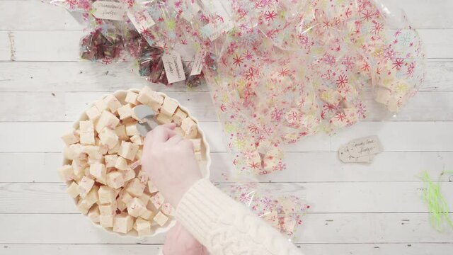 Flat lay. Step by step. Packaging homemade candy cane fudge into small gift bags.