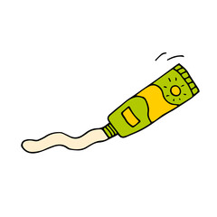 Suntan cream. Sunscreen in a tube. Cosmetics. Face and body care products. Vector hand-drawn doodle illustration.