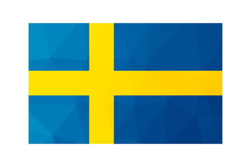 Vector isolated illustration. National Swedish flag with yellow cross and blue background. Official symbol of Sweden. Creative design in low poly style with triangular shapes. Gradient effect.