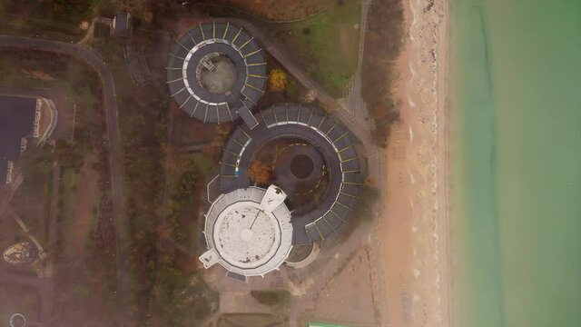 Round towers and spherical domes  of the Afina Pallada building in Luzanivka district, Odessa, Ukraine. 2021, 29 March.
