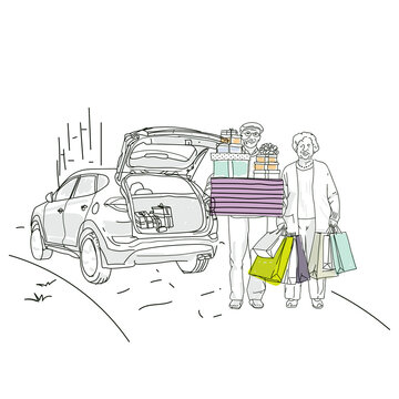 recommend clip art: Vector illustration of an elderly couple carrying gift boxes from their car