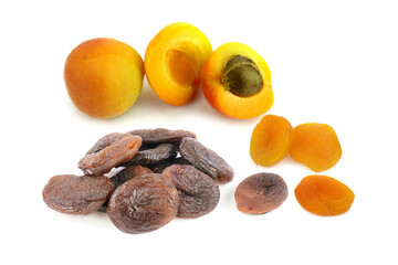 Fresh and sun dried apricots isolated on white background.