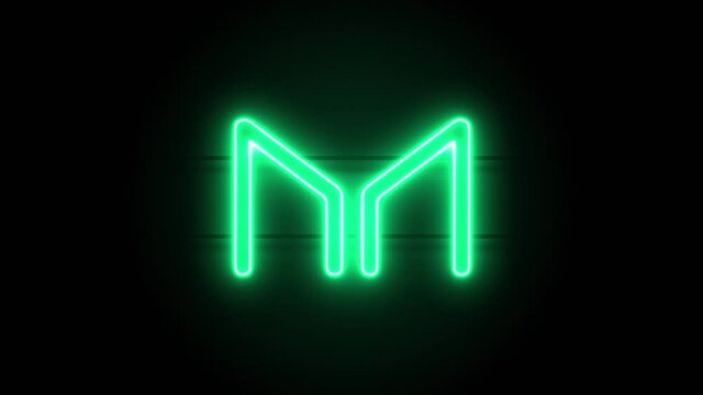 Neon Maker icon appear in center and disappear after some time. Loop animation of neon cryptocurrency symbol