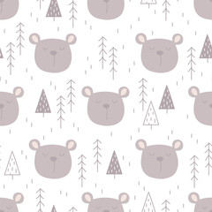Seamless pattern with bear in forest. Cartoon bear head and spruces on white background for kids.