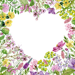 Watercolor square wildflowers frame with heart shaped copypace. Field flowers template. Meadow herbs and flowers.