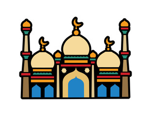 Islamic mosque. The holiday of Ramadan, the religion of Islam. Building in Islam. Stained glass. Vector flat mosaic illustration on white background in black outline. Sticker