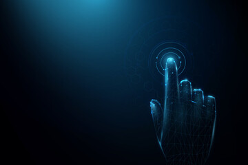 Hand of touching futuristic technology connection display concept. Low poly, geometric, wire, Particles, lines, and triangles outline. 3d vector illustration