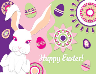 Easter greeting card with bunny,  colorful eggs, flowers and text "Happy Easter". Vector illustration