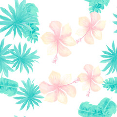 Azure Seamless Art. Navy Pattern Botanical. Blue Tropical Plant. Cobalt Flower Nature. White Watercolor Background. Indigo Spring Exotic. Decoration Design.