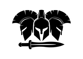 Three spartan helmet and sword icon on white background. - 426830971