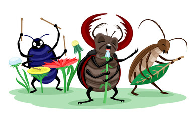 Illustration with musical group of insect beetles on white background.