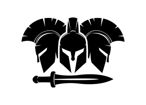 Three spartan helmet and sword icon on white background.