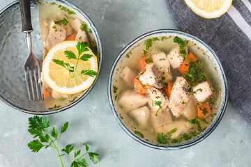 Fish in aspic with vegetables. Fish in jelly. Fish with gelatin.