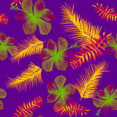 Fototapeta na wymiar Yellow Tropical Textile. Blue Seamless Design. Navy Pattern Painting. PurpleSpring Illustration. Violet Flower Botanical. Lavender Drawing Illustration. Decoration Design.