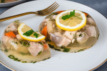 Fish in aspic with vegetables. Fish in jelly. Fish with gelatin.