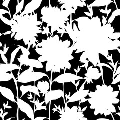 Vector floral seamless pattern. Silhouettes made of abstract garden flowers and petals. Vintage style. Flat botanical backdrop for wallpaper, textile, fabric, clothes.