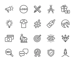Fotobehang Vector set of brand line icons. Contains icons corporate identity, logo, name, mission, vision, advertising, values, strategy, rebranding and more. Pixel perfect. © Maksim