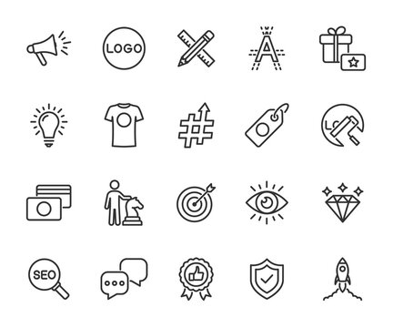 Vector set of brand line icons. Contains icons corporate identity, logo, name, mission, vision, advertising, values, strategy, rebranding and more. Pixel perfect.